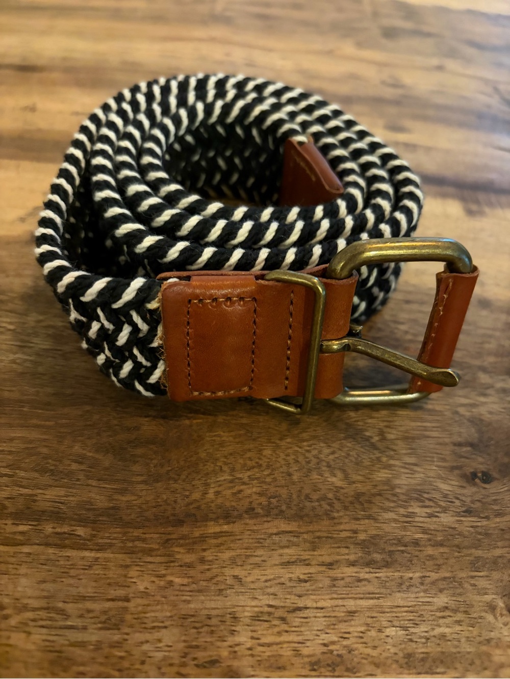 Madewell- Women’s Black & White Woven Belt with Brown Leather Trim